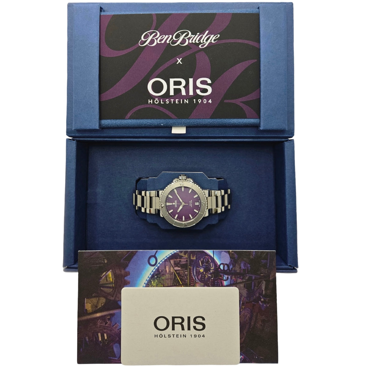 Oris X Ben Bridge Limited Edition Aquis 36.5mm Purple Dial Steel Bracelet Ref.01 733 7770 4118-Set