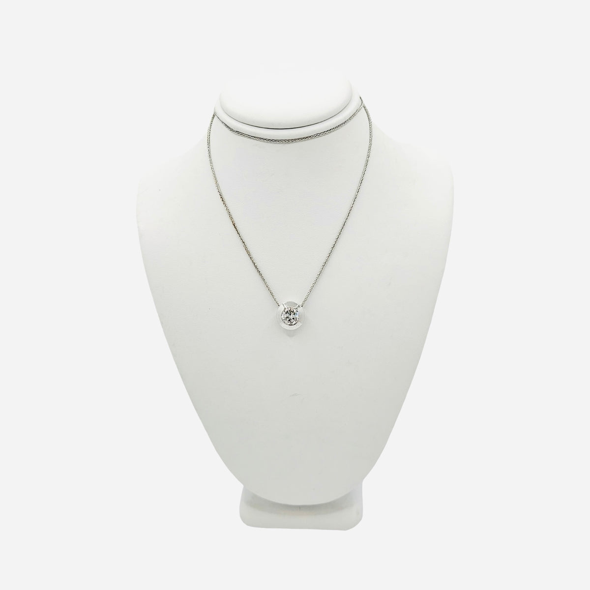 14K White Gold Solitaire Round Diamond 1.10 Carats G Color Bezel Set Pendant