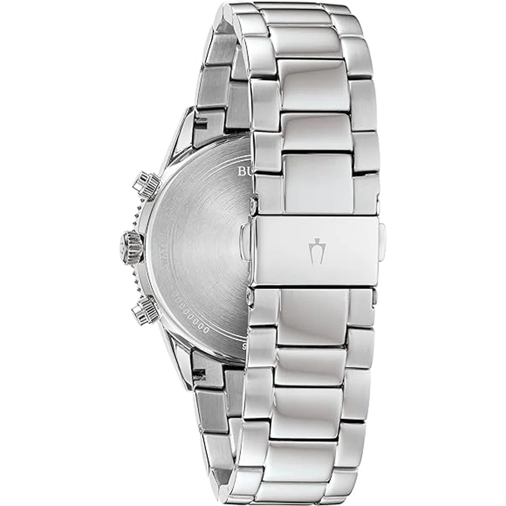 Bulova Mens Quartz Chronograph Black Dial Stainless Steel Bracelet 96A212