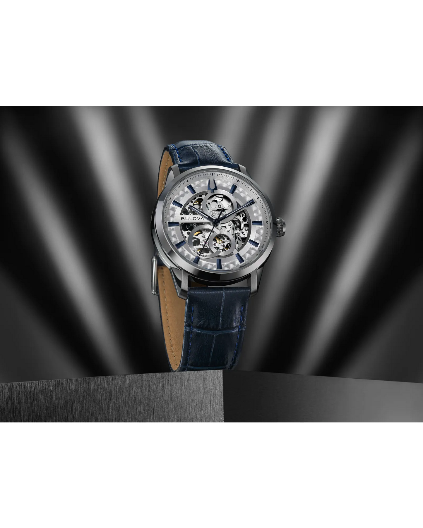 Bulova Sutton 40mm Automatic Silver Skeleton Dial Blue Leather Strap 96A330
