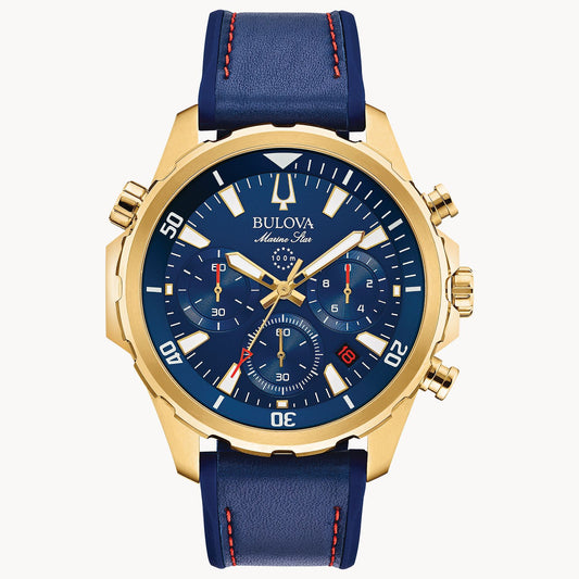 Bulova Marine Star Men's Gold Case Blue Dial Blue Strap 97B168