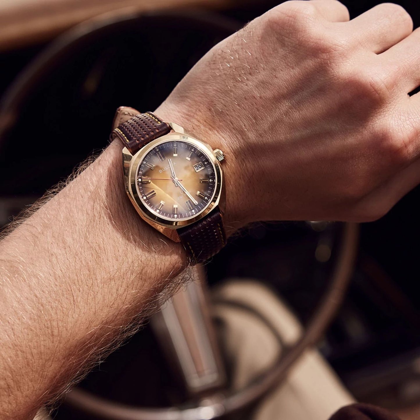 Bulova Jet Star Gold Tone Dial Leather Strap 97B214