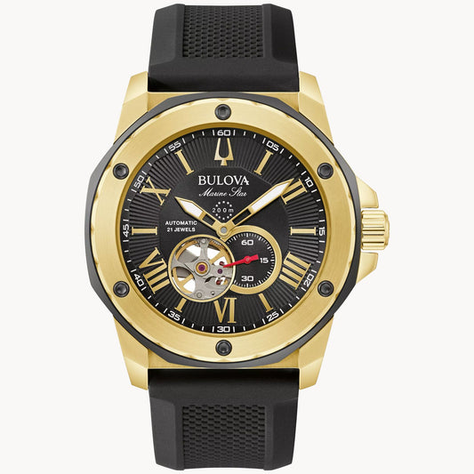 Bulova Marine Star Automatic Gold-Tone Black dial Silicone Strap 98A272