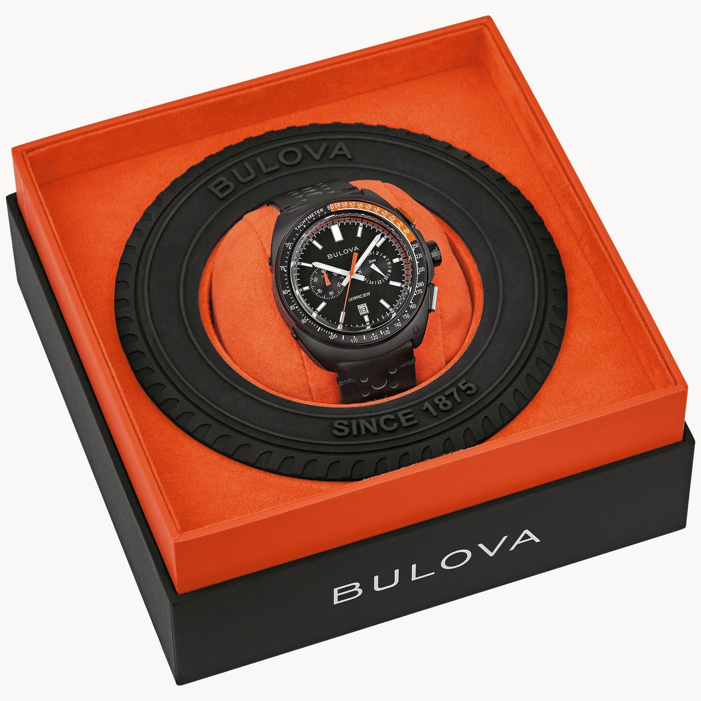 Bulova Racer Chronograph Black IP Stainless Steel Black Leather Strap 98B428