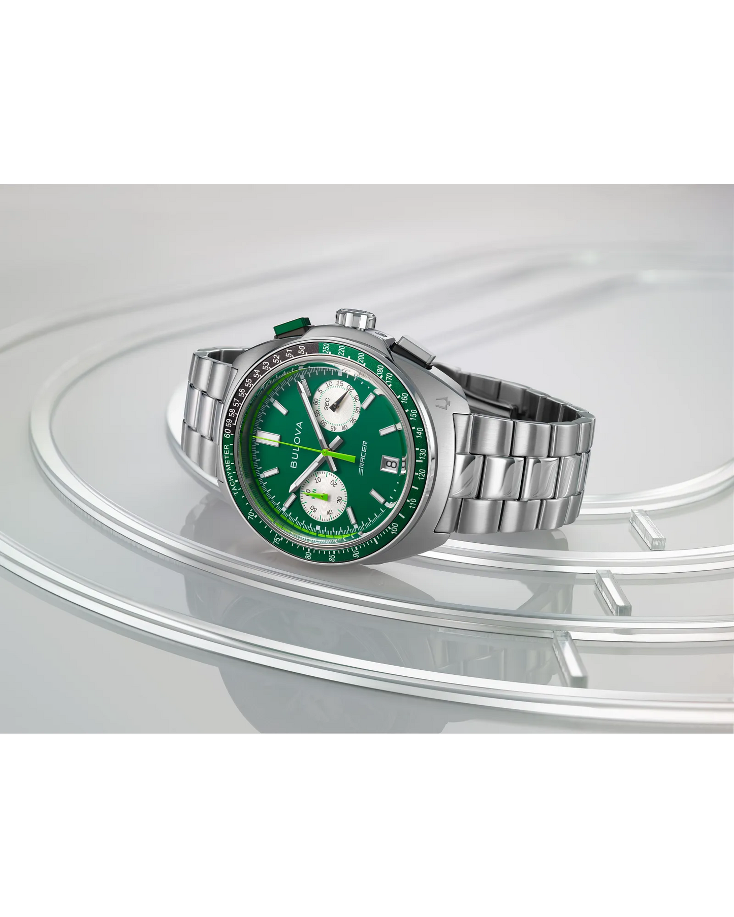 Bulova Racer Chronograph Quartz Green Dial Stainless Steel Bracelet 98B468