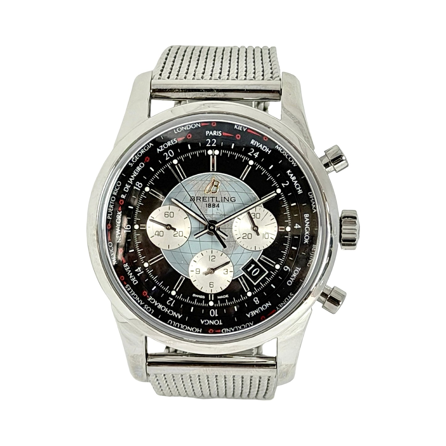 Breitling Transocean Chronograph Unitime Black Dial Chronograph Mesh Bracelet AB0510/BB62