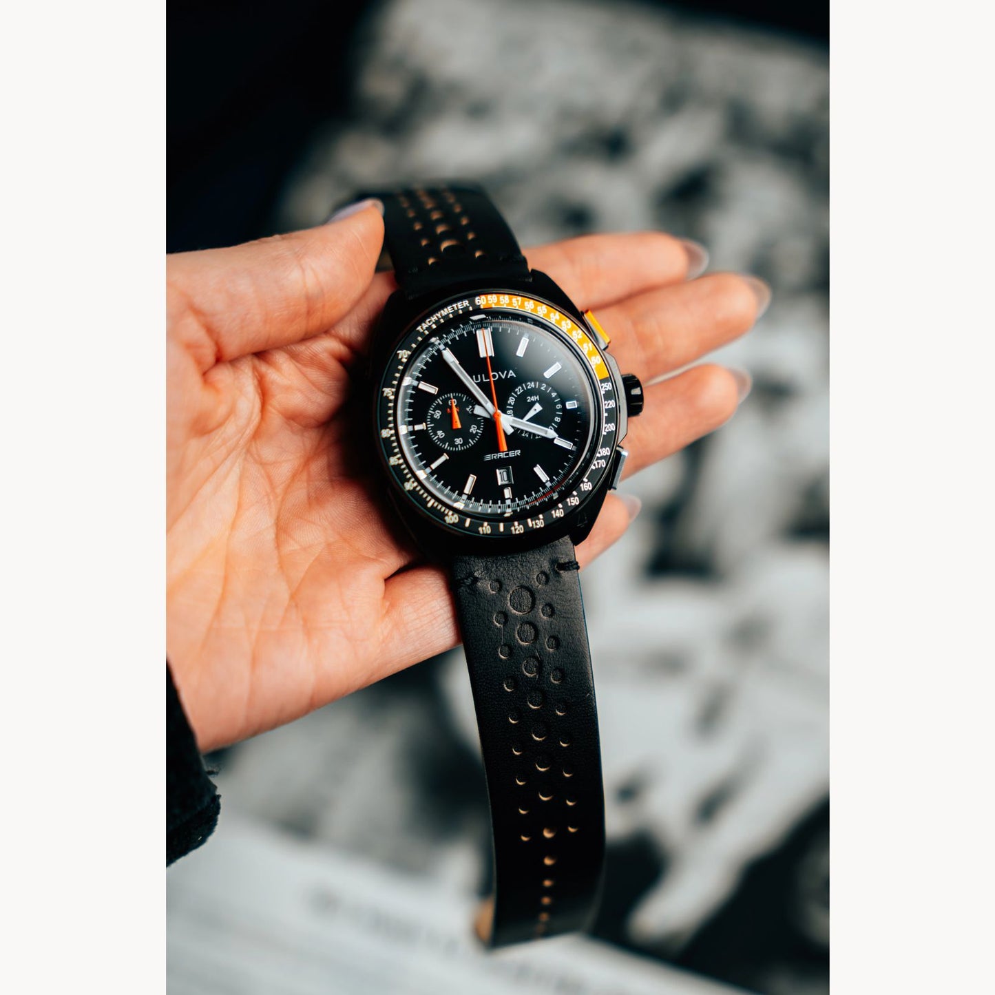 Bulova Racer Chronograph Black IP Stainless Steel Black Leather Strap 98B428