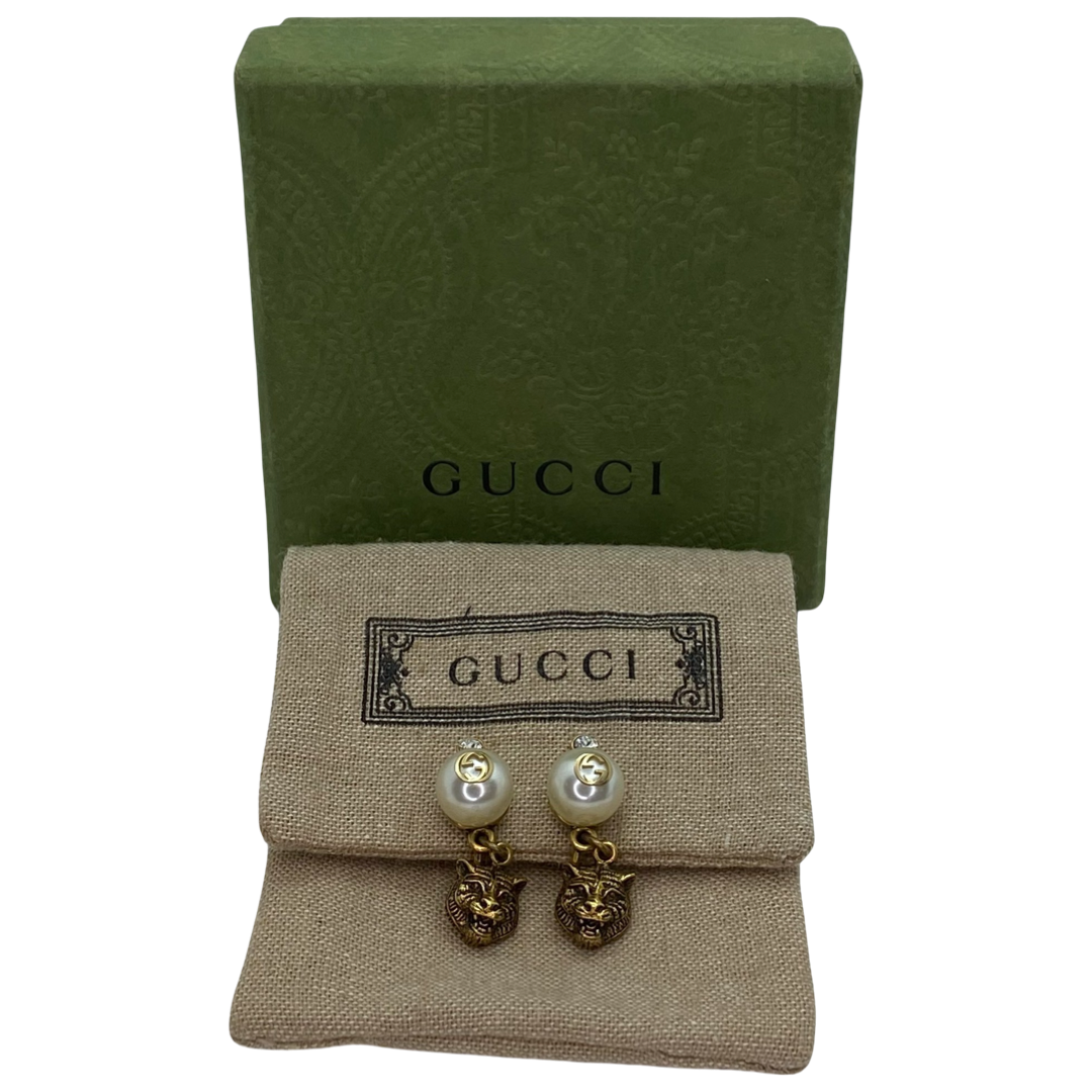 Estate Jewelry Gucci Faux Pearls Feline Brass Head and Crystal Drop Earrings