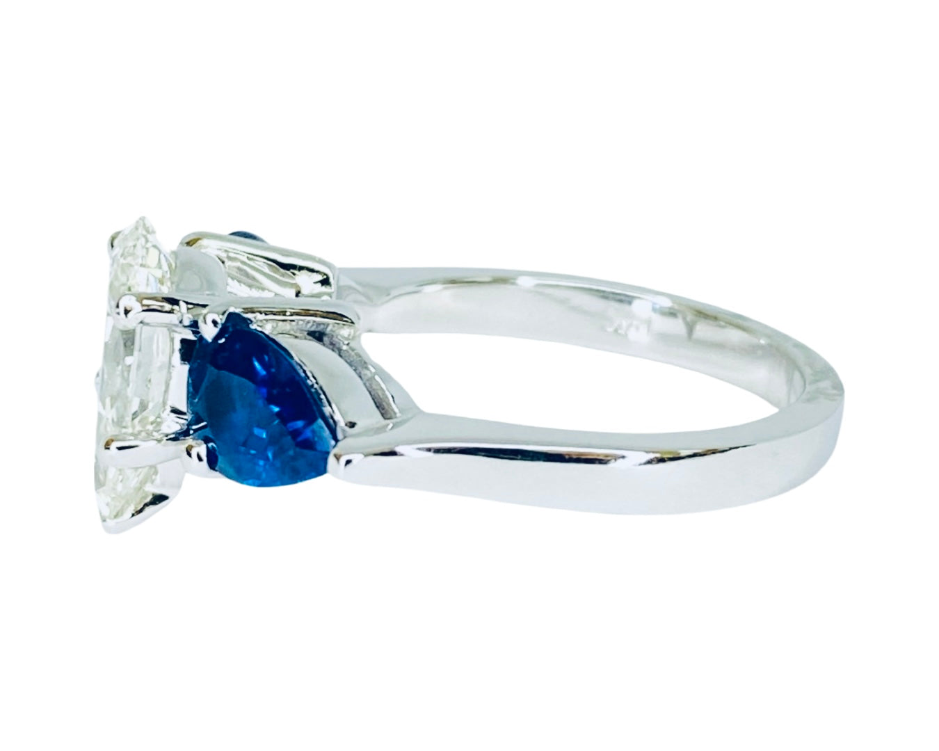 14K White Gold 1.69 Carats Pear Natural Diamond and Blue Sapphire Ring