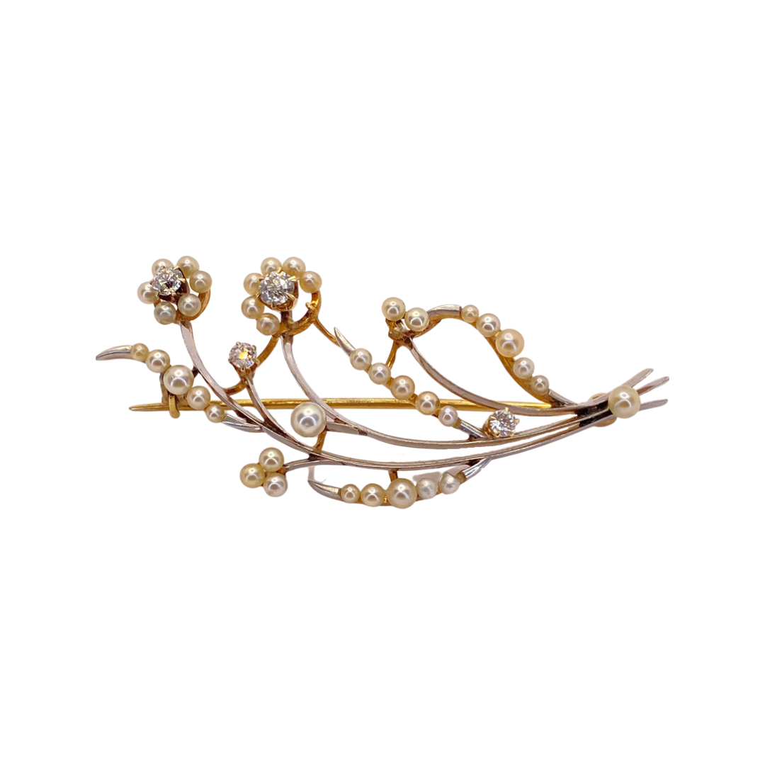 Estate Jewelry 14K Yellow & White Gold Pearls and Diamond Brooch