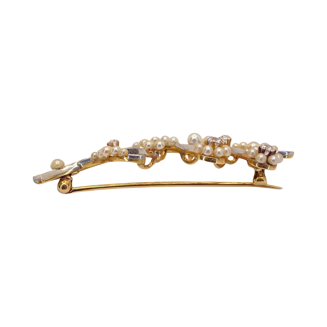 Estate Jewelry 14K Yellow & White Gold Pearls and Diamond Brooch