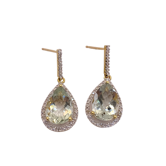 10K Yellow Gold Pear Green Amethyst and Diamond Drop Earrings