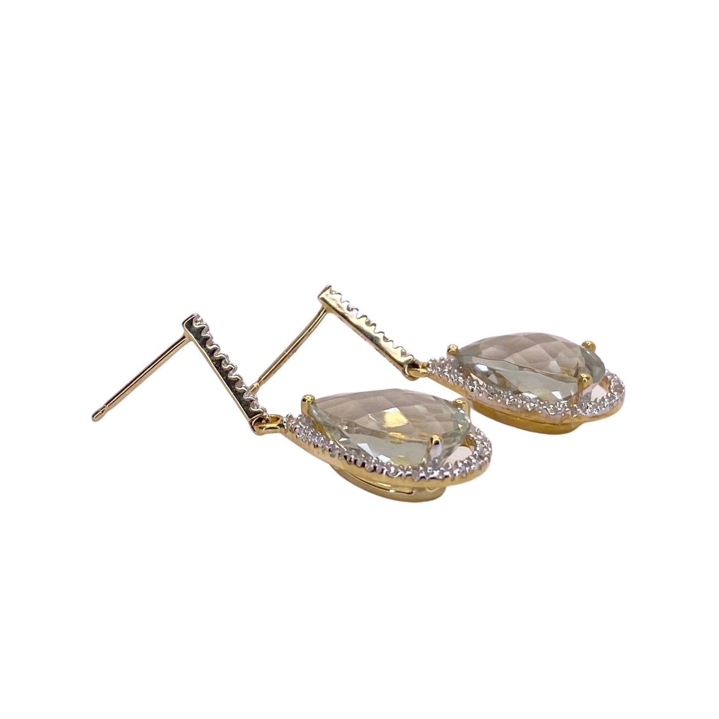 10K Yellow Gold Pear Green Amethyst and Diamond Drop Earrings