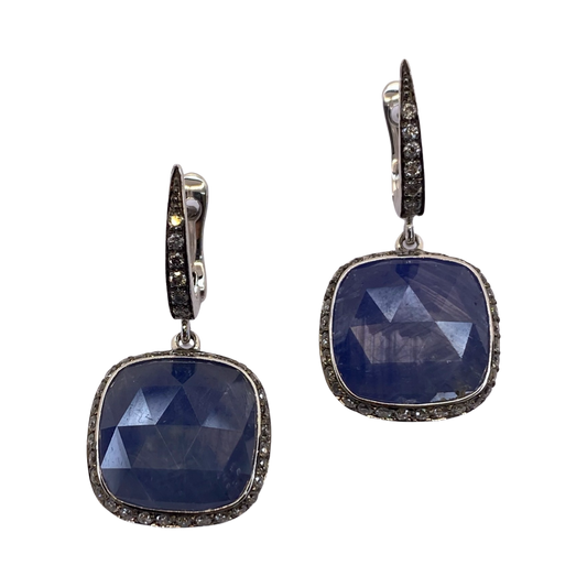 18K White Gold Blue Sapphire & Diamond Dangle Earrings