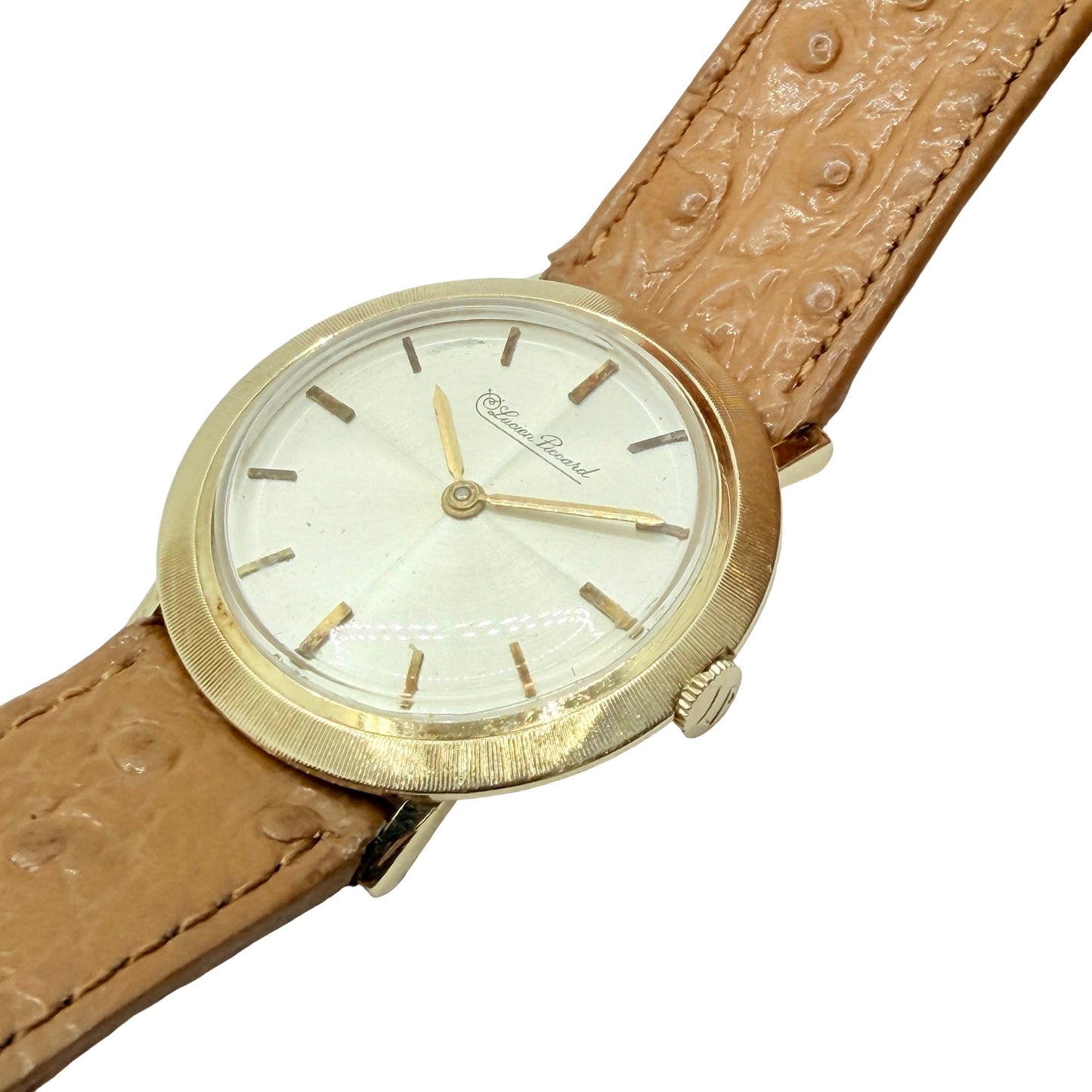 Lucien Piccard 14K Yellow Gold 31mm Manual Wind Dress Watch Silver Dial Leather Strap