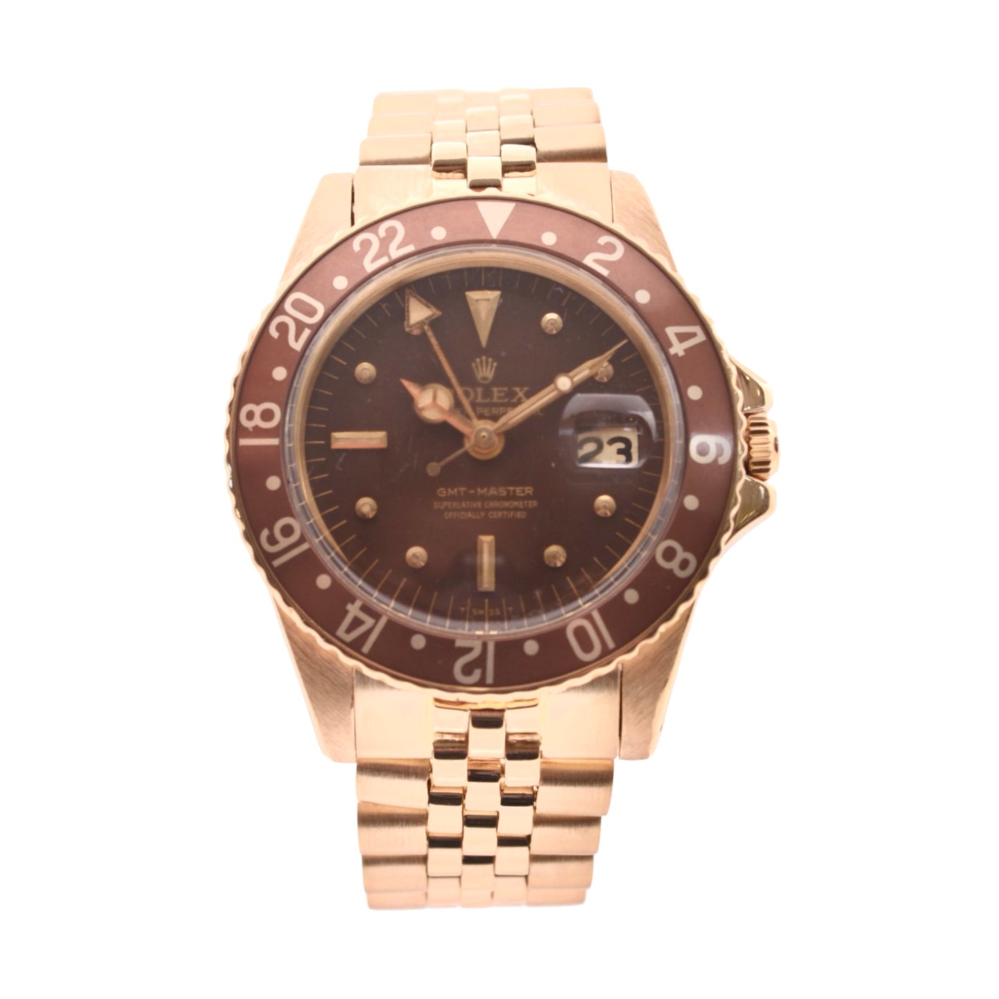 Rolex GMT-Master 40mm Date 18K Yellow Gold Case with Jubilee Bracelet "Rootbeer" Brown Dial 1675 C.1969