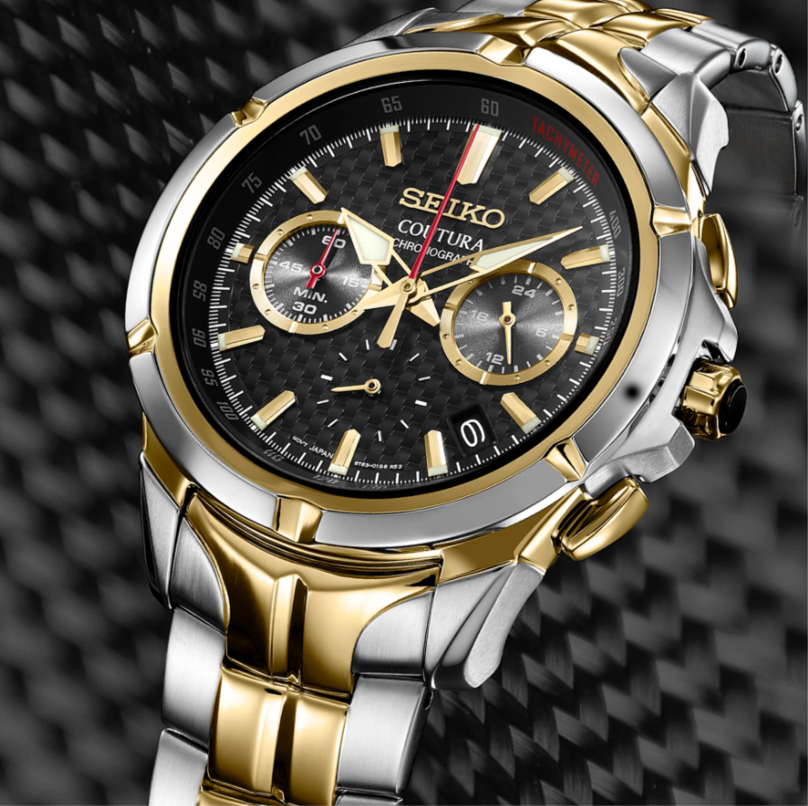 Seiko Coutura Quartz Chronograph Black Carbon Fiber Pattern Dial Two-Tone SSB434