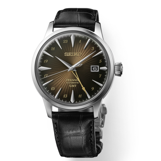 Seiko Presage Cocktail Time GMT Dark Brown Dial Black Leather Strap SSK039