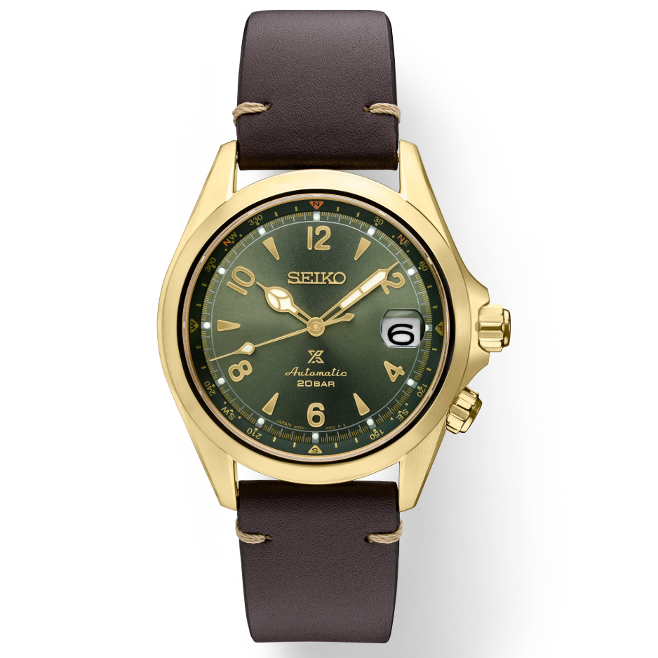 Seiko Prospex Alpinist Automatic Green Dial Gold Tone Brown Leather Strap SPB210