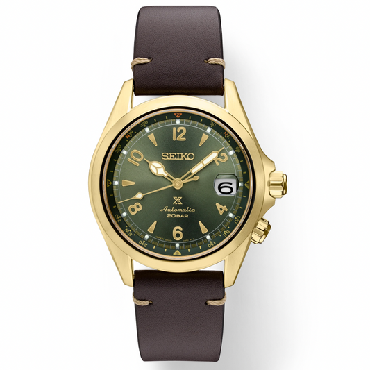 Seiko Prospex Alpinist Automatic Green Dial Gold Tone Brown Leather Strap SPB210