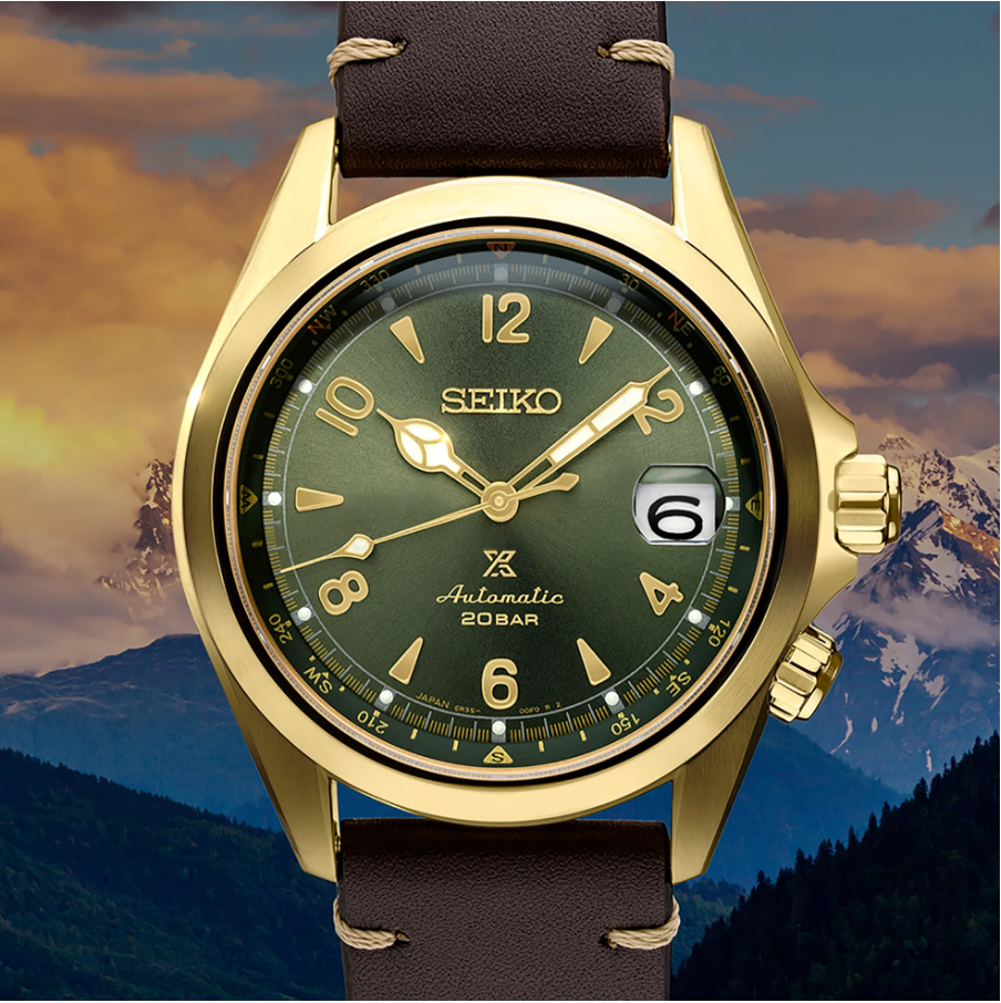 Seiko Prospex Alpinist Automatic Green Dial Gold Tone Brown Leather Strap SPB210