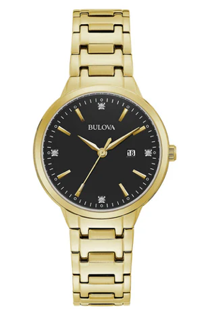 Bulova Women's Gold Tone Stainless Steel Black Dial Diamond Accent Watch 33mm 97P147