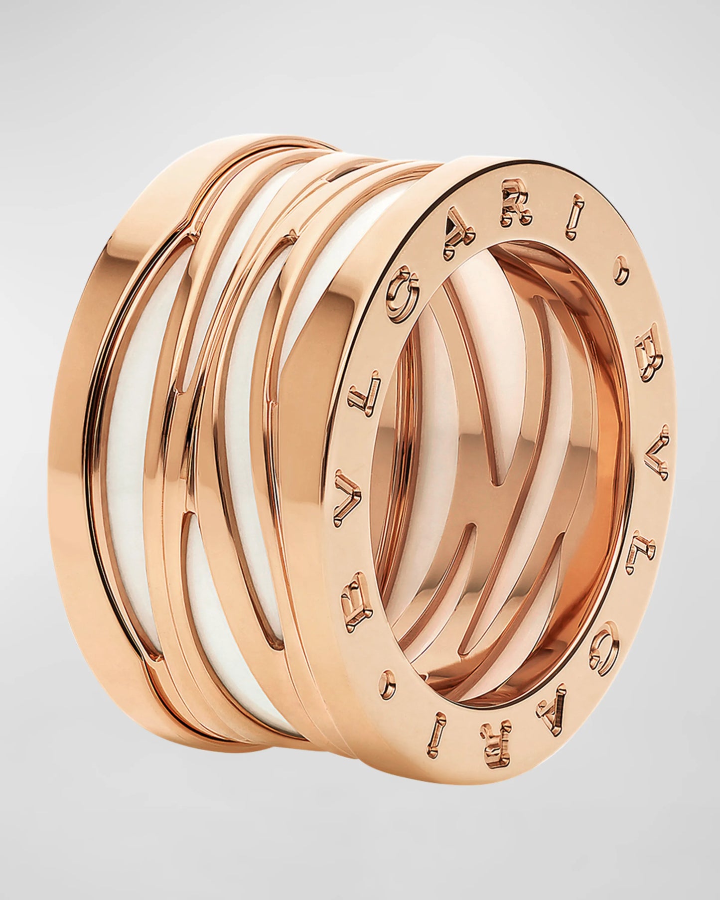 BULGARI B.Zero1 18k Rose Gold 4-Band Ring with White Ceramic, EU 50 / US 5.5