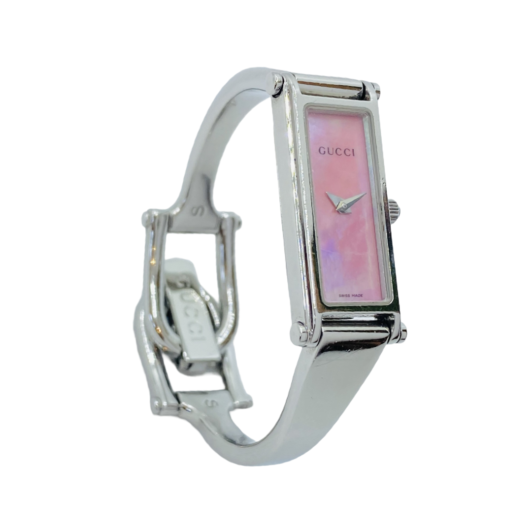 Gucci 1500L Small Rectangular Bangle Watch Pink Mother-of-Pearl Dial YA015509