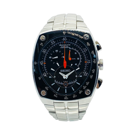Seiko Sportura Kinetic Chronograph Black Dial Stainless Steel Bracelet SNL015