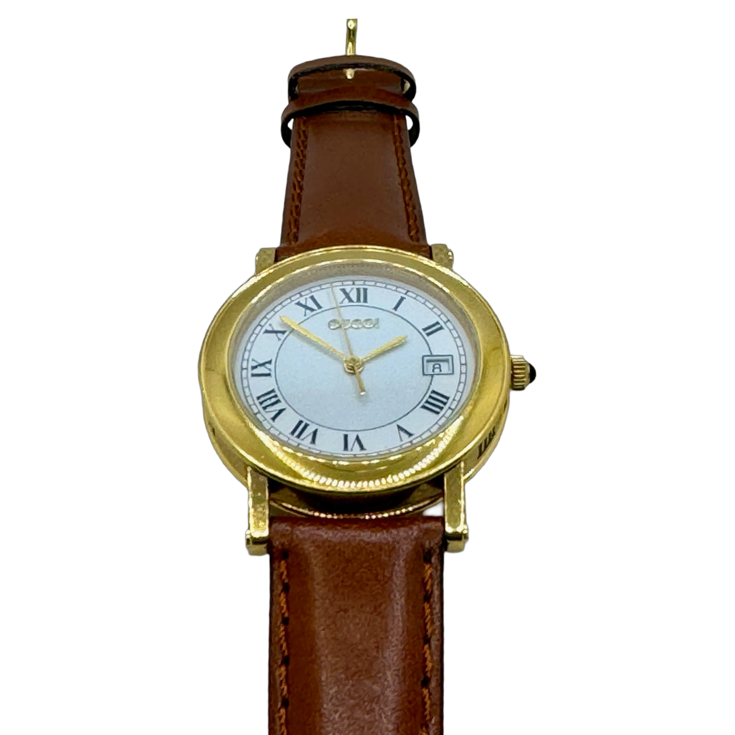 Gucci 7200M 18K Goldplated Case White Dial Brown Leather Strap