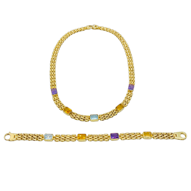 Estate Jewelry 14K Yellow Gold Multi Gemstone Necklace and Bracelet Set
