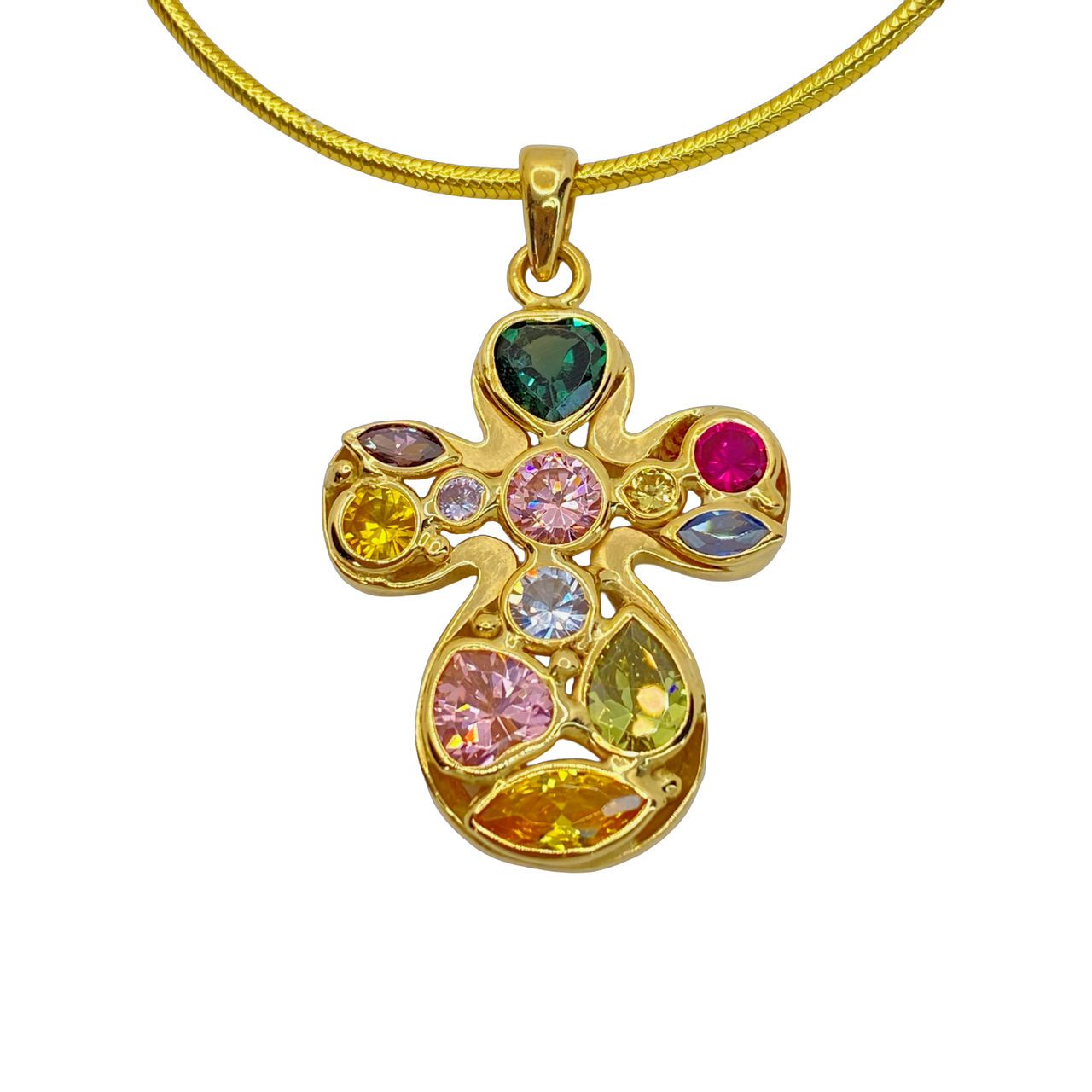14K Yellow Gold Happy Gems Cross Pendant