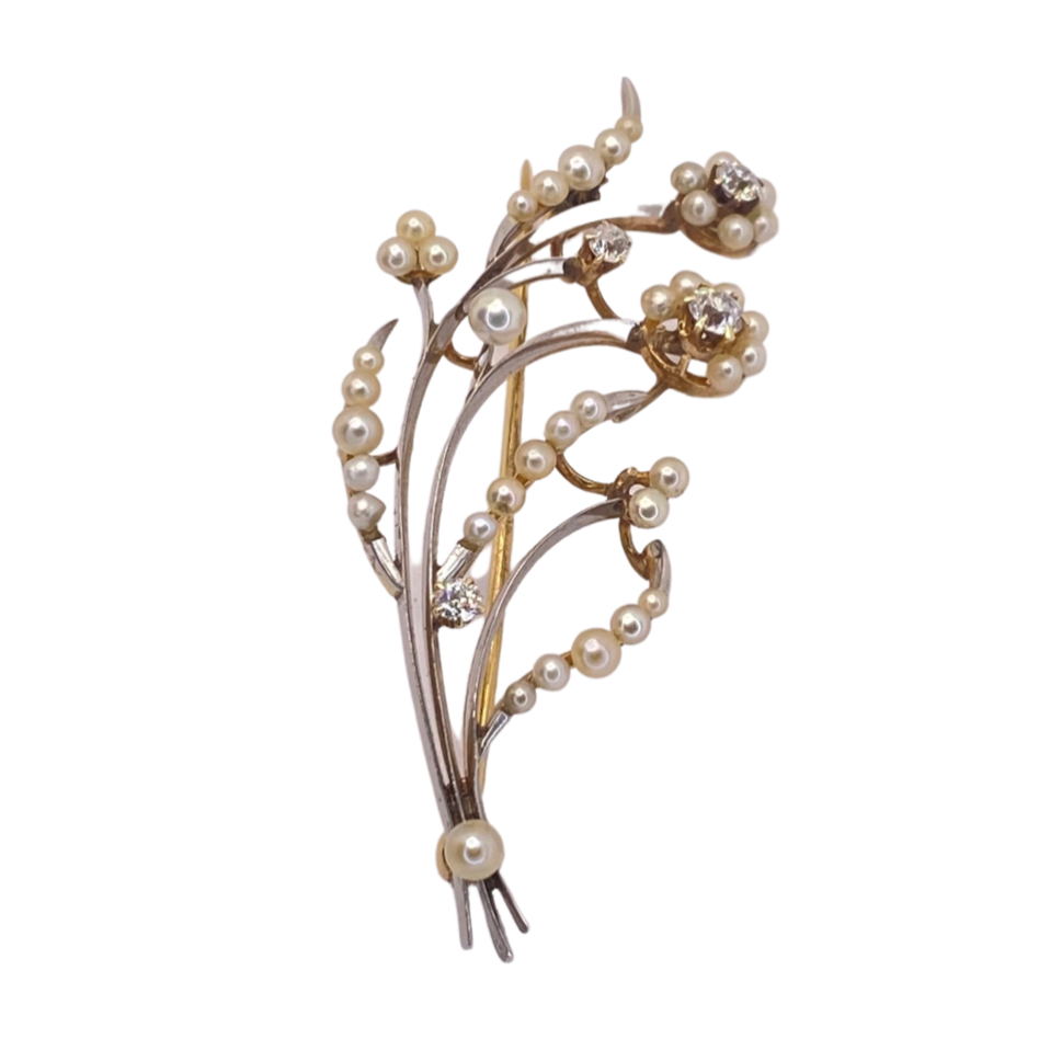 Estate Jewelry 14K Yellow & White Gold Pearls and Diamond Brooch