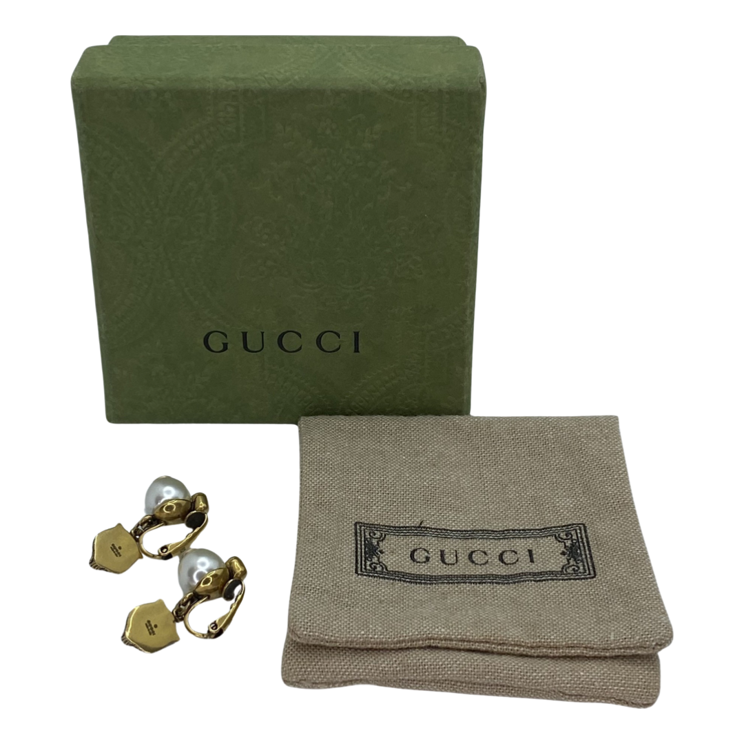 Estate Jewelry Gucci Faux Pearls Feline Brass Head and Crystal Drop Earrings