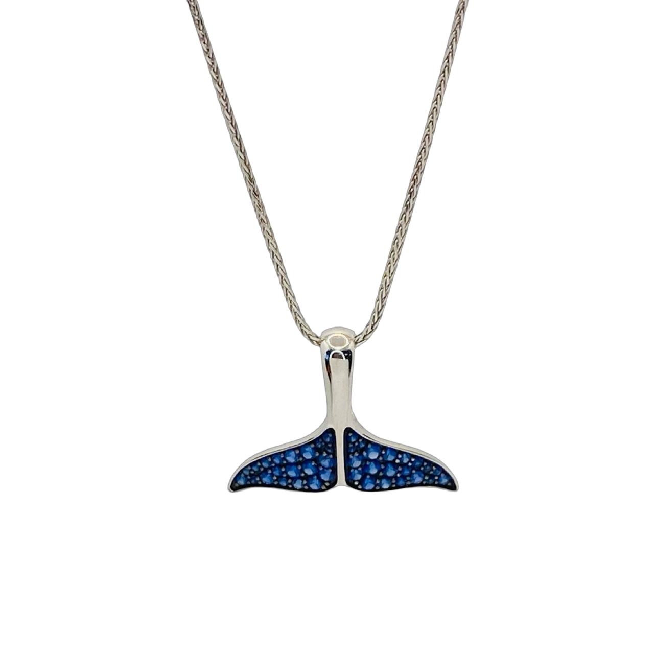 14K White Gold Na Hoku Whale Tail Pendant with Blue Sapphires 40153