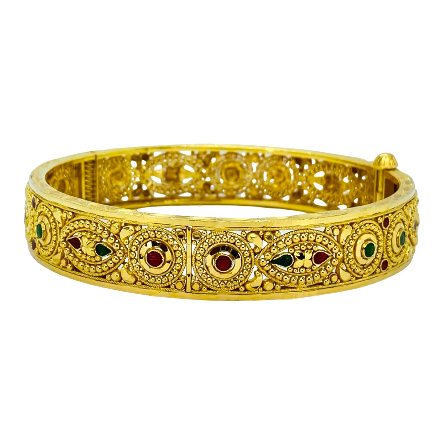 Estate Jewelry 24K Yellow Gold Bangle Bracelet with Red and Green Enamel