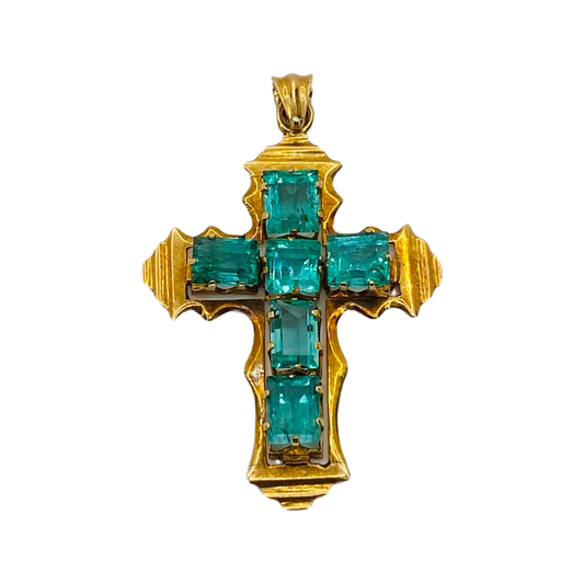18K Yellow Gold Estate Jewelry Emerald Cross Pendant