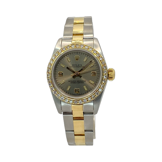 Rolex Oyster Perpetual Lady 18K Gold and Steel Diamond Bezel Slate Gray Dial 67183
