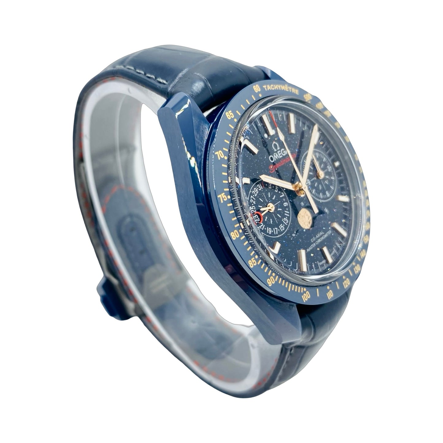 Omega Speedmaster Moonphase Blue Side of the Moon 44.25mm Blue Ceramic on Leather Strap 304.93.44.52.03.002
