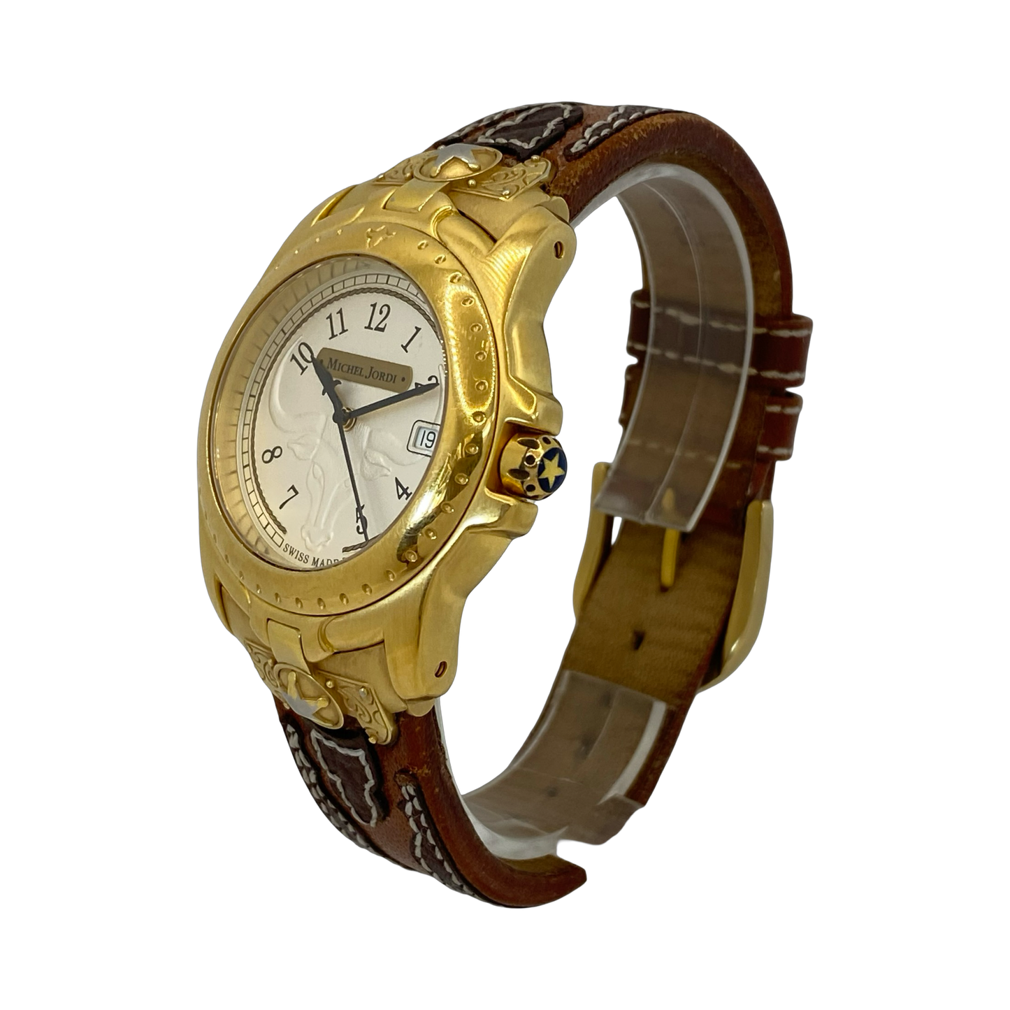 Michel Jordi Spirit of the West Quartz Gold Tone  Brown Leather Strap 8100