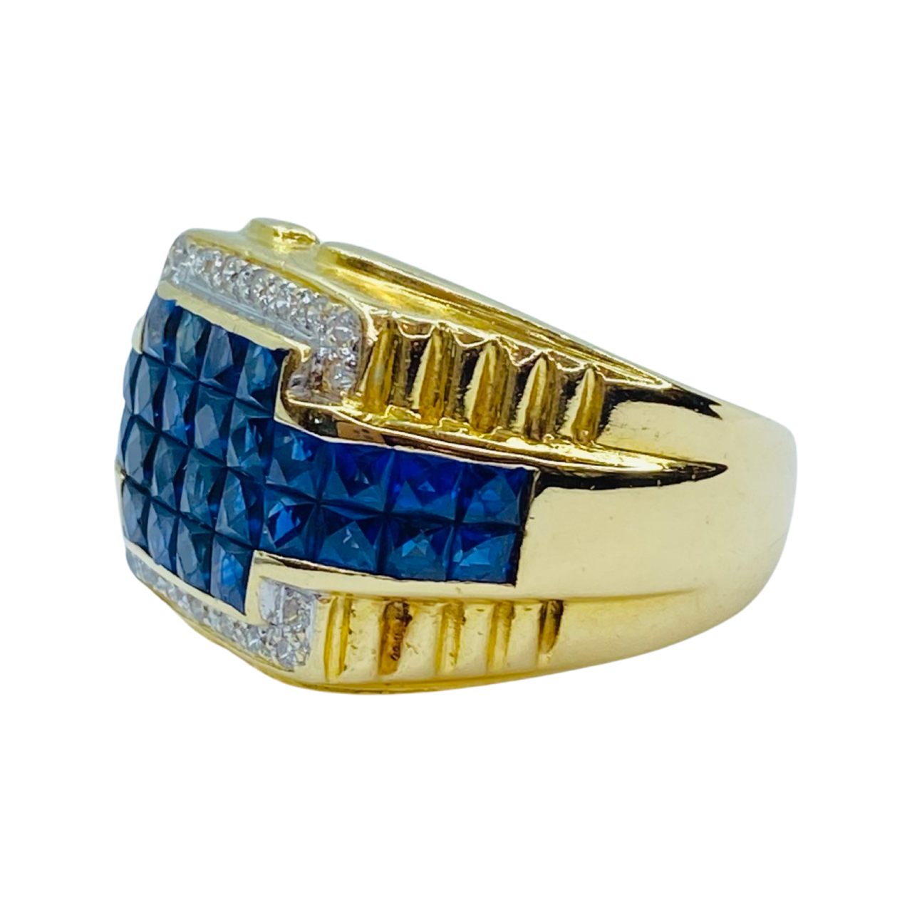 Estate Jewelry Mens 18K Yellow Gold Blue Sapphire and Diamond Ring