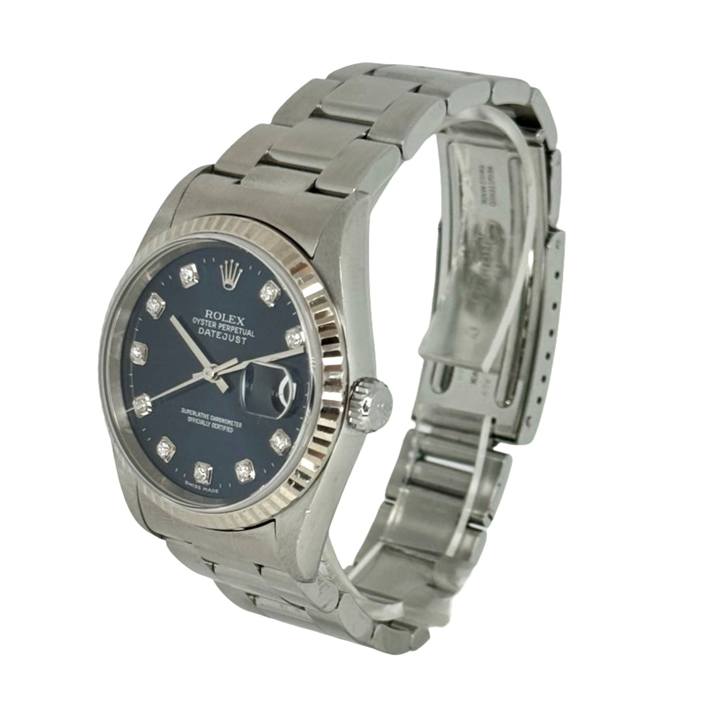 Rolex Datejust 36mm Factory Diamond Blue Dial Fluted Bezel Oystersteel Bracelet 16234