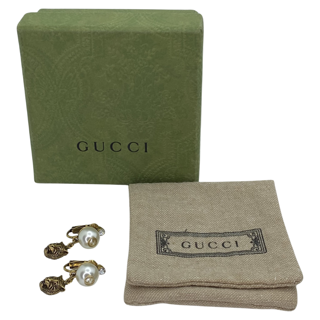Estate Jewelry Gucci Faux Pearls Feline Brass Head and Crystal Drop Earrings