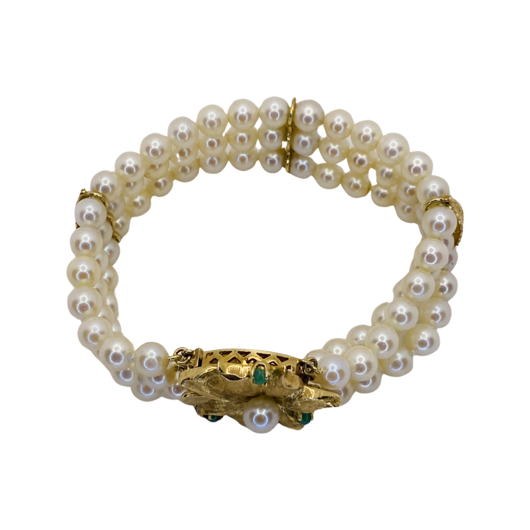 Estate Jewelry 14K Yellow Gold Three-Strand Pearl Bracelet