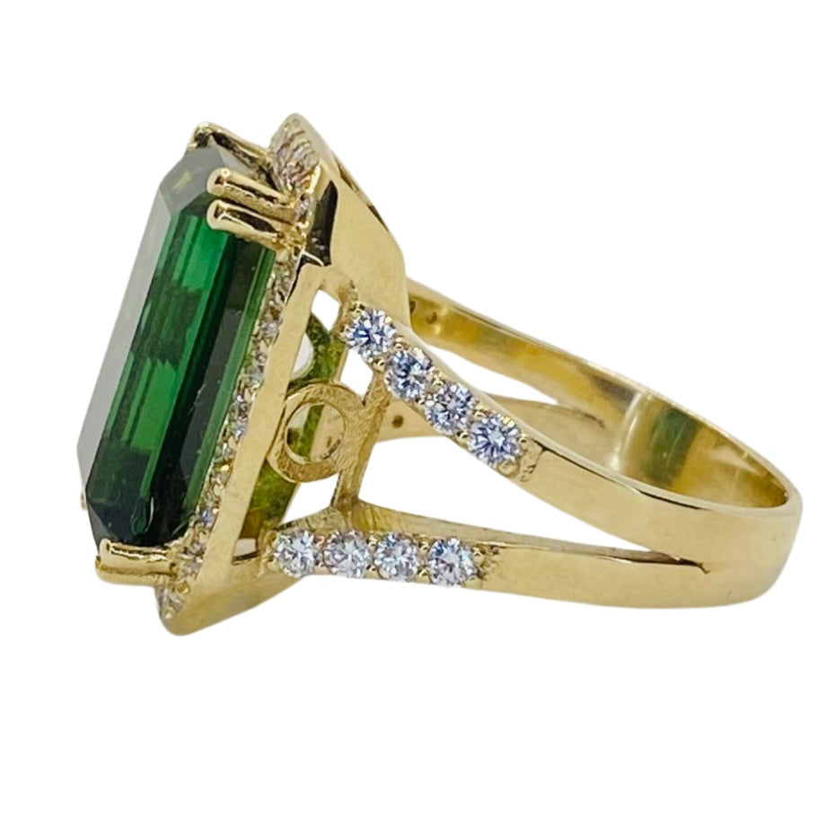 14K Yellow Gold Emerald Cut Green Tourmaline Ring