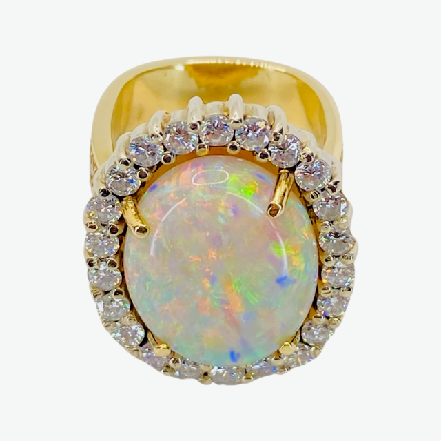 Estate Jewelry 18K Yellow Gold Oval White Opal and Diamond Ring
