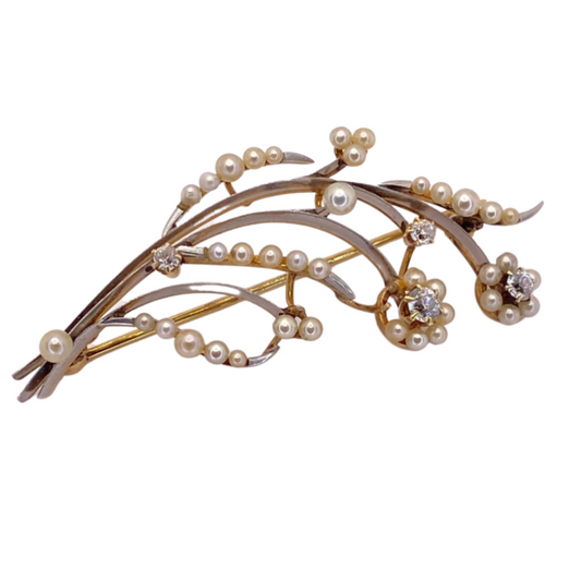 Estate Jewelry 14K Yellow & White Gold Pearls and Diamond Brooch