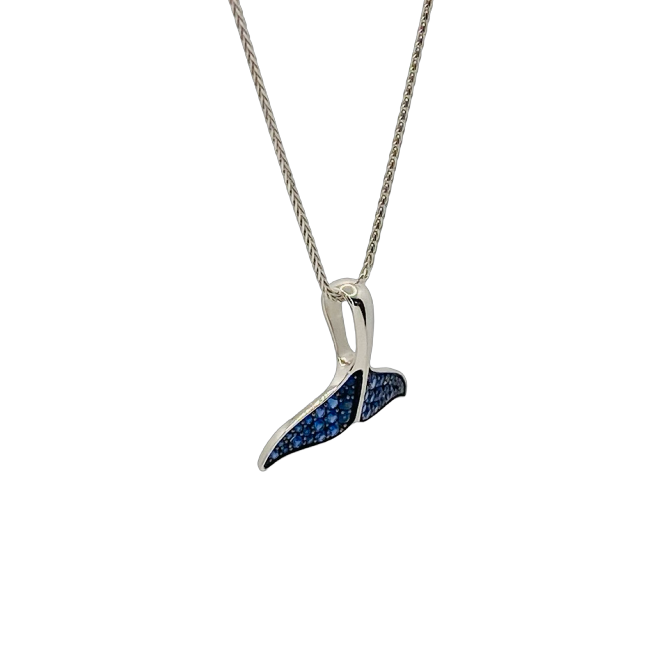 14K White Gold Na Hoku Whale Tail Pendant with Blue Sapphires 40153