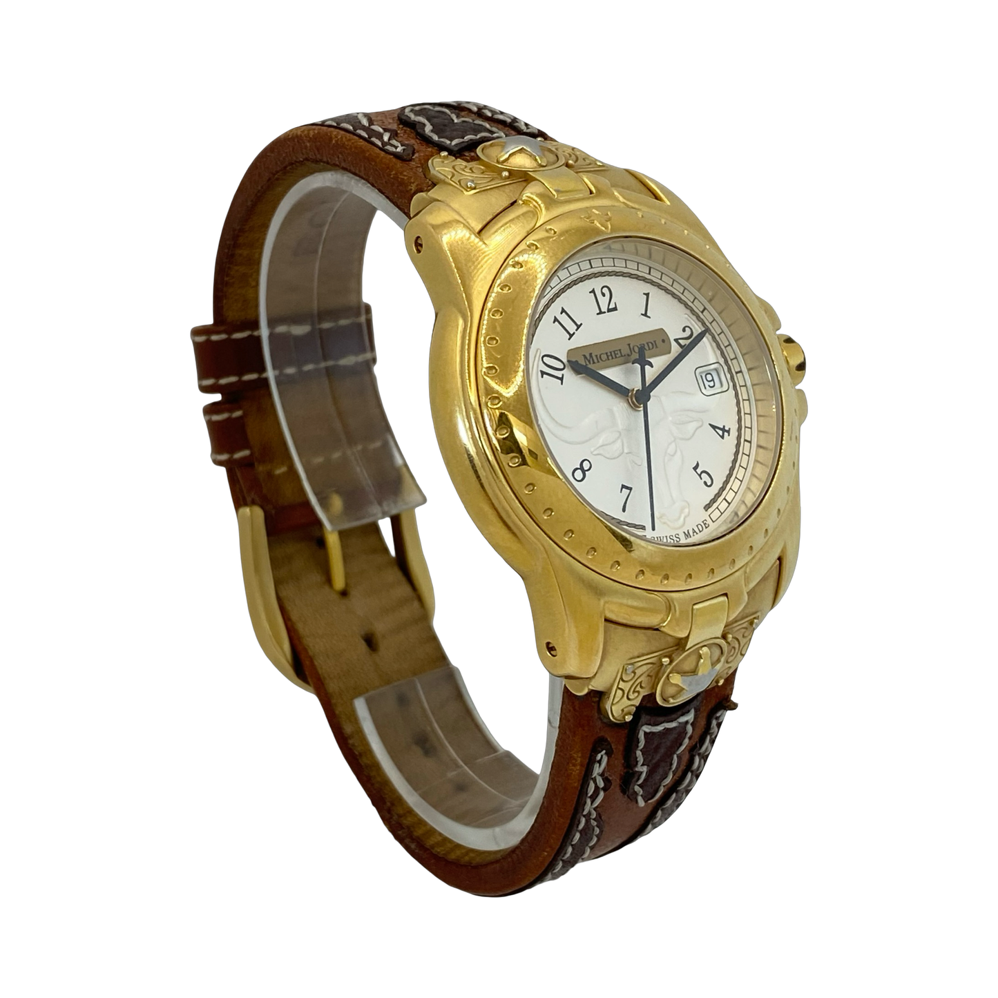 Michel Jordi Spirit of the West Quartz Gold Tone  Brown Leather Strap 8100