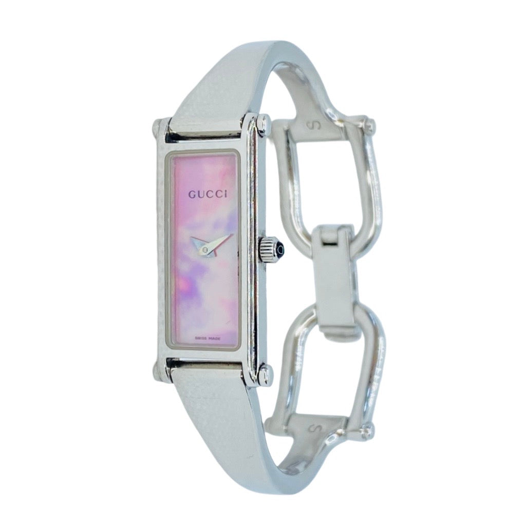 Gucci 1500L Small Rectangular Bangle Watch Pink Mother-of-Pearl Dial YA015509